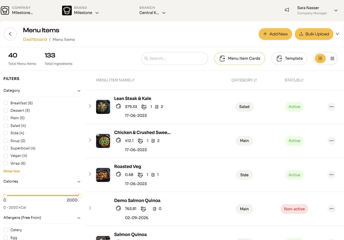 The Menu Items page in Recipe Manager, with filters on the left